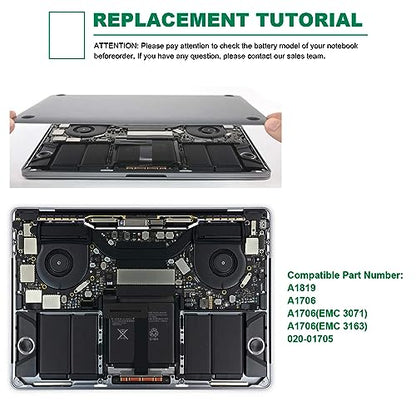 Fancy Buying MacBook pro A1819 A1706 Replacement Battery for MacBook Pro 13 inch A1706 Late 2016 Mid 2017, EMC 3071, EMC 3163 Laptop Battery NO. MPDK2LL/A, MPXW2LL/A, MPXX2LL/A, MQ002LL/A - size: 9.33*4.2*0.28inch A1706