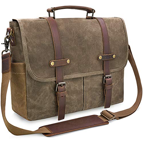 Mens Messenger Bag 15.6 Inch Waterproof Vintage Genuine Leather Waxed Canvas Briefcase Large Satchel Shoulder Bag Rugged Leather Computer Laptop Bag, Khaki - color: Khaki