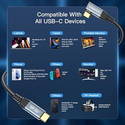 ZeroneTeck USB C Monitor Cable 8K@60Hz/4K@144Hz, 40Gbps High Speed Data Transfer, Right Angle Display Video Cable, 90 Degree USB C 3.2 Gen 2x2 240W PD for iPhone 17,MacBook,iPad,Lenovo,KYY,SSD - 3.3FT - size: 3.3FT, style: Right Angle