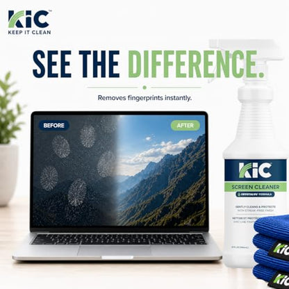 KIC CrystalVu Screen Cleaner Spray Kit with Microfiber Cleaning Cloth – Streak-Free for TV, Phone, Laptop, Monitor & Tablet – NSF Certified Safe Formula – 2 Reusable Microfiber Towels - 32oz - size: 32oz