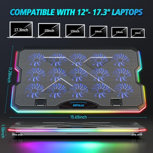 AIMIUZI Gaming Laptop Cooling Pad, Laptop Cooler with 15 Quiet Fans for 12-17.3 Inch Notebook, Slim Portable Laptop Cooling Stand with 7 Height Adjustable, 2 USB Ports, Phone Stand