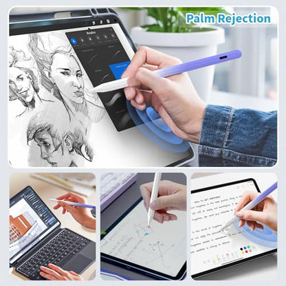 Stylus Pen for iPad,(2018-2026) Fast Charge with Tilt Sensitivity & Palm Rejection Compatible with iPad Pro 11"/12.9", iPad mini 5/6, iPad Air 3/4/5, iPad 6/7/8/9/10 (White Purple) - color: White purple