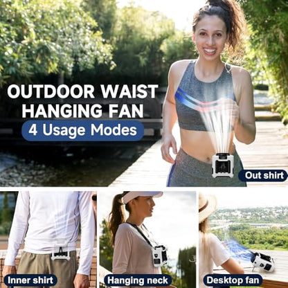CAZOKASI 2024 Upgrade 10000mAh Waist Clip Fan Wearable Fan Portable Personal Body Fan Powerful Upto 40H Cooling and Heatstroke Prevention Fan (Gray and Orange) (10000mAh / White and Black) - size: 10000mAh / White and Black
