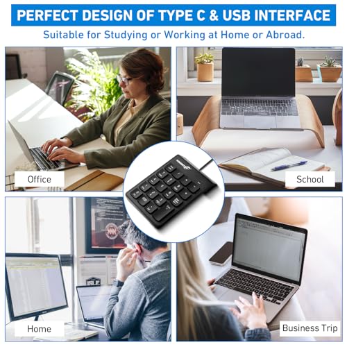 USB-C ＆ USB-A Number Pad, 19 Keys Wired Numeric Keypad, Plug & Play | 15° Ergonomic Numeric Pad for Laptop/Desktop/iPad/phone, Portable Financial Accounting 10 Keys Number Pad for Windows/macOS