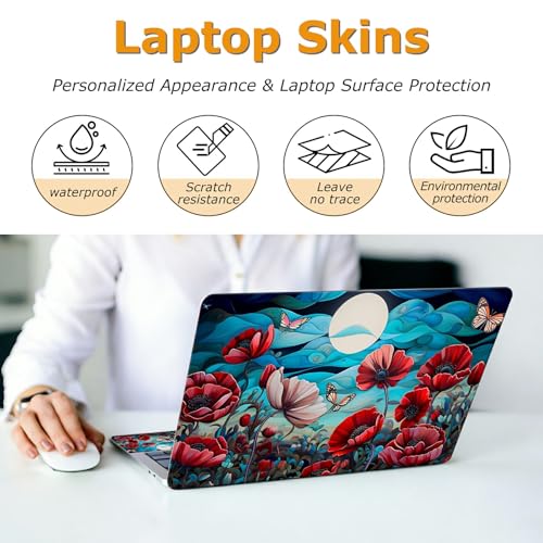 Universal Laptop Skin Sticker with 2 Wrist Pad Decals, 3-Piece Removable Vinyl Laptop Cover, Moon Butterfly Poppy Waterproof Anti-Scratch, Easy-Trim Fit for 13.3" 14" 15.6" Laptops - color: Moon Butterfly Poppy
