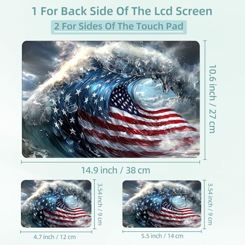 Universal Laptop Skin Decal, 3-Piece Vinyl Protector for 12 13 14 15.6" Notebook, Waterproof Anti-Scratch, Easy Trim & Bubble-Free Finish, Massive Ocean Wave with American Flag - color: Massive Ocean Wave with American Flag