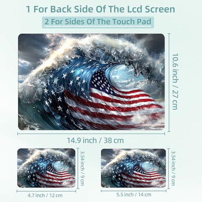 Universal Laptop Skin Decal, 3-Piece Vinyl Protector for 12 13 14 15.6" Notebook, Waterproof Anti-Scratch, Easy Trim & Bubble-Free Finish, Massive Ocean Wave with American Flag - color: Massive Ocean Wave with American Flag