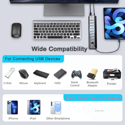 USB Hub 10-Ports, USB Hub Extender Network Splitter Adapter with Powered, for MacBook, PC, Laptop, Mice, Keyboards（ Only USB Data Transfer Not for Charing