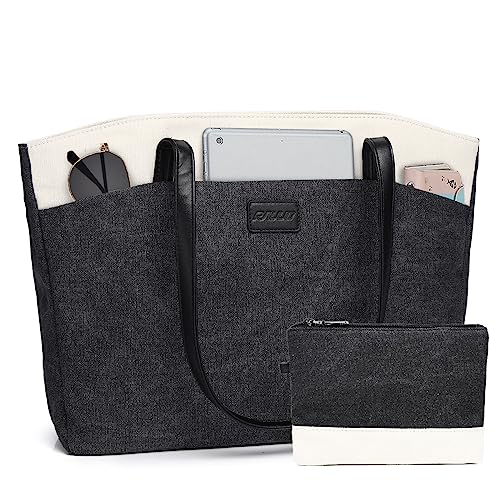 RAVUO Tote Bag for Women, Water Resistant 2PCS Set 15.6 Inch Laptop Travelling Bags Work Teacher Purse W Portable Pouch - color: Black