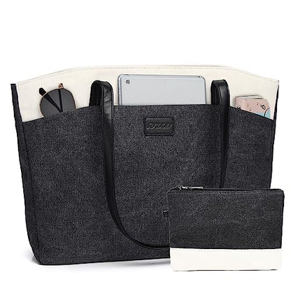 RAVUO Tote Bag for Women, Water Resistant 2PCS Set 15.6 Inch Laptop Travelling Bags Work Teacher Purse W Portable Pouch - color: Black