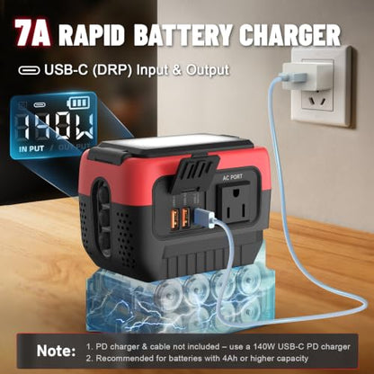 240W Power Inverter Pure Sine Wave Compatible with Craftsman 20V Battery | 7A Fast Charger, Portable Power Station with 120V AC Outlets, USB-C (140W), 2 QC USB Ports(18W), 600LM LED (No Battery) - color: Crimson