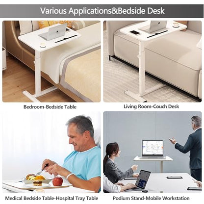 BeGyoku Overbed Table,Over The Bed Table with Hidden Wheels&Cup Holder,Adjustable Bedside Table and Rolling Table Tray&Laptop Cart,Hospital Table Over Bed for Home Use (White) - color: White