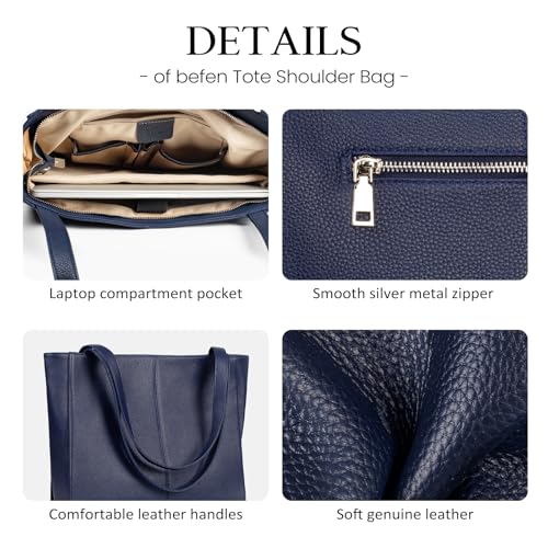 befen Genuine Leather Tote Bag for Women Work Travel Leather Purse Handbags | Real Leather, Padded 14" Laptop Compartment, Multi-Pockets, Zipper, Tote Bag for Daily - color: Navy Blue
