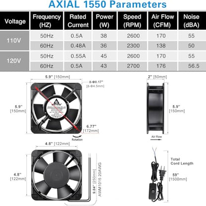GDSTIME AXIAL 15050 Muffin Fan, 120V AC 150mm x 50mm, Dual Ball Bearing | 110V 115V, ON/OFF Switch, 150x150x50mm, High Speed, for Air Hockey Table, Generator Box Cooling Ventilation Exhaust Projects - size: 150x150x50mm