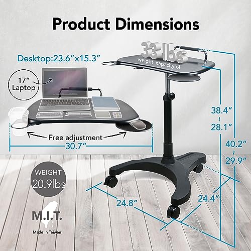 EHO Mobile Laptop Desk Cart with Wheels, Height Adjustable Standing Desk with Pneumatic Lift, Rolling Workstation with Mouse Tray and Cup Holder, Portable Table for Home Office or Classroom - style: Standard Desk