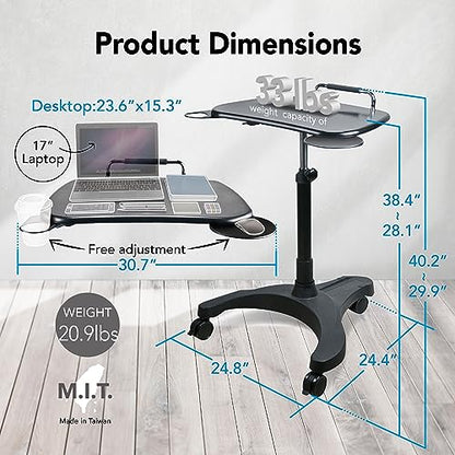 EHO Mobile Laptop Desk Cart with Wheels, Height Adjustable Standing Desk with Pneumatic Lift, Rolling Workstation with Mouse Tray and Cup Holder, Portable Table for Home Office or Classroom - style: Standard Desk