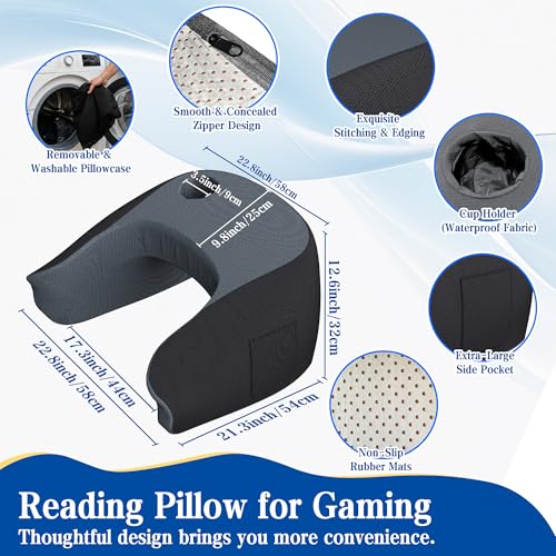 Reading Pillow for Gaming, Ergonomic Memory Foam Lap Desk Pillow | Cup Holder & Pocket, Large Non-Slip Bottom Arm Rest Pillow for Working, Crocheting in Bed, Couch, Floor (Deep Grey)