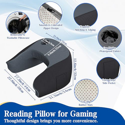 Reading Pillow for Gaming, Ergonomic Memory Foam Lap Desk Pillow | Cup Holder & Pocket, Large Non-Slip Bottom Arm Rest Pillow for Working, Crocheting in Bed, Couch, Floor (Deep Grey)