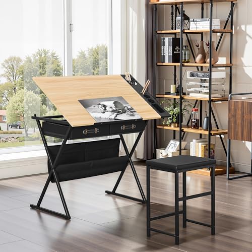 VECELO Drafting Table Art Desk Art Table Adjustable Drawing Table Tilted Tabletop with 2 Storage Drawers and Stool, Drawing Desk for Artist Painters Drawing, Crafting, Reading, Writing, Natural - color: Natural