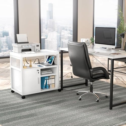 Unikito Rolling File Cabinet Lateral Office Filing Cabinets with Socket and USB Charging Port, Modern Printer Stand on Wheels, Printer Cabinet with Door and Open Storage, Lockable, White - color: White