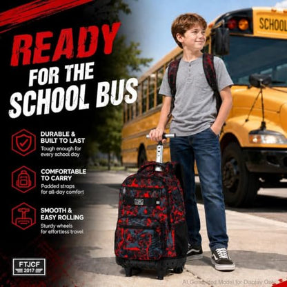 3Pcs Rolling Backpack for Boys, 19 Inche Adults Roller Bag with Wheels, Graffiti Wheeled Bookbag Set for Men(Red) - color: Graffiti Red