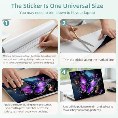 Universal Laptop Skin Decal, 3-Piece Vinyl Protector for 12 13 14 15.6" Notebook, Waterproof Anti-Scratch, Easy Trim & Bubble-Free Finish, Purple Butterfly with Glittering - color: Purple Butterfly with Glittering