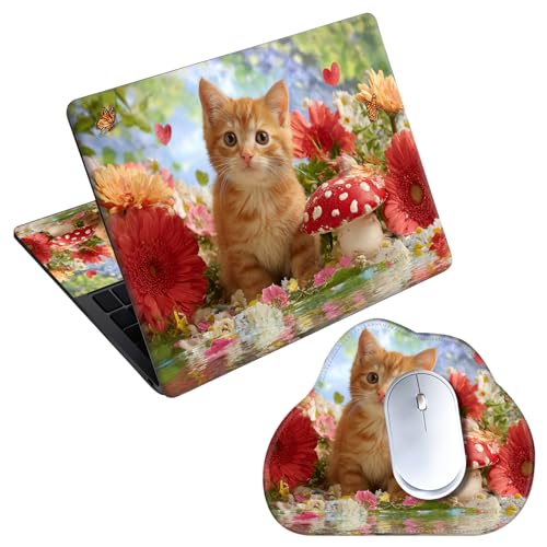 Laptop Skin Sticker Decal 15-15.6 Inch with Cute Mouse Pad, Universal Reusable Vinyl Sticker for 12.1 13 13.3 14 15.4 Inch Netbook and Notebook PC, Orange Cat Mushroom - color: Orange Cat Mushroom