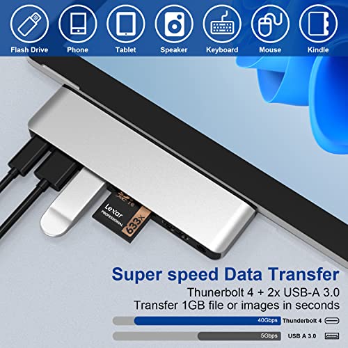Surface Pro 9/10/11/X Docking Station, Surface Pro 11 USB Hub with 4K HDMI, USB-C Thunderbolt 4 (Display+Data+100W PD), 2 USB 3.0, 3.5mm Audio, SD/TF Card Slot for Surface Pro 9/10/ 11/ X - color: Silver