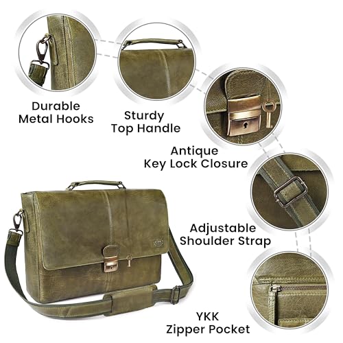 Leather Messenger Bag for Men & Women, 16'' Handmade Laptop Briefcase Satchel, Crossbody Shoulder Office Bag for Work, Travel - color: Olive