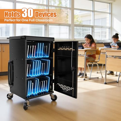 30 Device Charging Cart for Chromebooks, iPads & Laptops Up to 14" - Lockable Charging Station with Cable Management, 30-Outlet Power Strip, Circuit Breaker & Casters for Classrooms - size: 30 Tablet/Chromebook