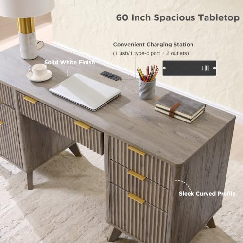T4TREAM Fluted Executive Desk with Drawers, 60" Modern Home Office Computer Desk with Charging Station, File Cabinet, Keyboard Tray and Storage Cabinet for Study, Living Room, Bedroom, Alder Grey - color: Alder Grey