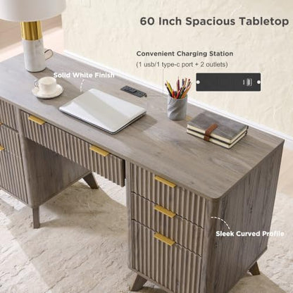 T4TREAM Fluted Executive Desk with Drawers, 60" Modern Home Office Computer Desk with Charging Station, File Cabinet, Keyboard Tray and Storage Cabinet for Study, Living Room, Bedroom, Alder Grey - color: Alder Grey