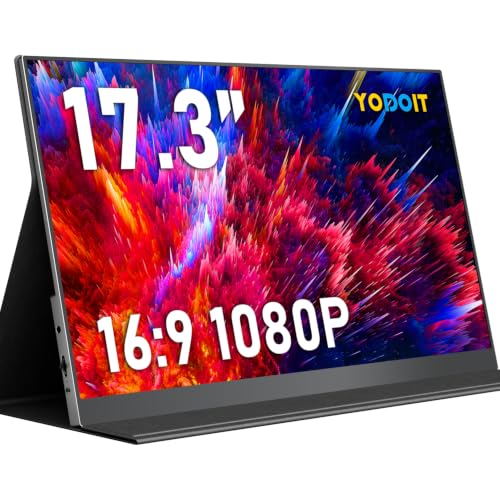 Yodoit Portable Monitor for Laptop 1920×1080 17.3" FHD Screen IPS Display with USB Type C Port, Built-in Speakers and Smart Cover Compatible with PC, MacBook, Xbox (Black) - size: 17.3 inch FHD