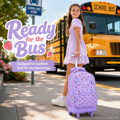 3Pcs Rolling Backpack for Girls, School Roller Bookbag with Wheels, Strawberry Wheeled Backpacks Set for Women (Purple) - color: Purple Strawberry