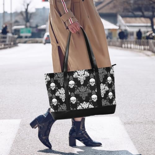 Gothic Skull Laptop Tote Bag,Fits 15.6 Inch Laptop,Womens Lightweight Canvas Leather Tote Bag Shoulder Bag