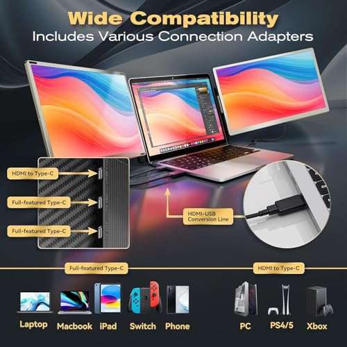 Teamgee 15.6 Inch Laptop Screen Extender FHD 120% sRGB Tri-Screen Monitor | Dual Use: Attach/Stand Alone, 235° H/V Rotation, Adjustable Stand, Fits 13-17" Mac & Windows Laptops - size: Triple 15.6"
