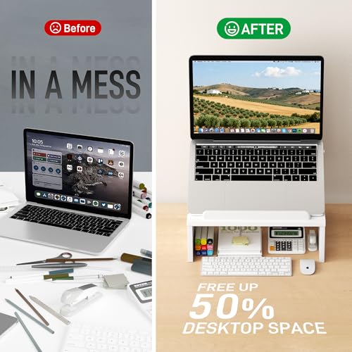 AFOOYO Adjustable Wood Laptop Stand with Storage Space - Notebook Organizer & Ergonomic Computer Riser, Wrist Rest Included, Compatible with 9.8-15'' Laptops (MacBook Air Pro/HP/Dell/Lenovo),White - color: White