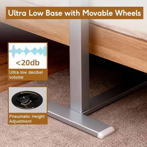 Pneumatic Overbed Table with Wheels, Height Adjustable Bedside Table with Ultra-Low Base for Hospital & Home, Rolling Laptop Cart with Beige Finish - color: Beige