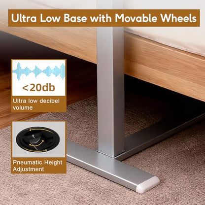 Pneumatic Overbed Table with Wheels, Height Adjustable Bedside Table with Ultra-Low Base for Hospital & Home, Rolling Laptop Cart with Beige Finish - color: Beige