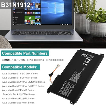 B31N1912 C31N1912 Battery for Asus VivoBook 14 E410M E410MA L410M L410MA E410KA E510MA E510KA F414MA L510MA R522MA E410MA-EK007TS EK087T E410MA-EK991TS E410MA-EK026TS 0B200-03680000 3ICP5/57/80 - size: 7.50*3.86*0.23inch