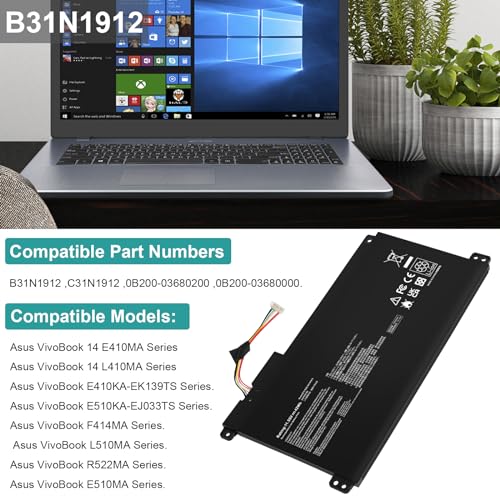 B31N1912 C31N1912 Laptop Battery for ASUS VivoBook 14 15.6" E410 E410MA E410M L410MA E410KA L410M-15 F414MA E510 L510 L510MA R522MA L510MA-WB04(DF112) L410MA-BV058TS E410MA-EK017TS E510KA-EJ033TS - size: 7.48*3.86*0.2inch B31N1912