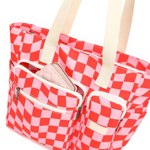 Women Tote Bag With Muti-Pockets,Lightweight Shoulder Bag,Large Capacity Handbag for Travel, Work, Gym - color: Grid