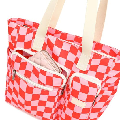 Women Tote Bag With Muti-Pockets,Lightweight Shoulder Bag,Large Capacity Handbag for Travel, Work, Gym - color: Grid
