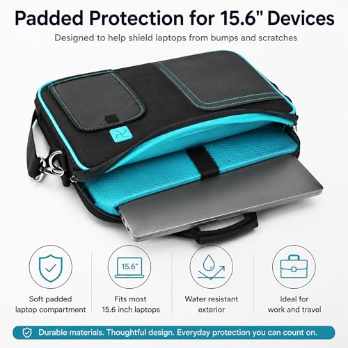 15.6 Inch Laptop Briefcase Shoulder Bag, Water Resistant Nylon Messenger Bag, Padded Compartment, Trolley Strap - color: Aqua