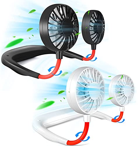 Portable Neck Fan Rechargeable Personal HandFree Fan Mini USB Wearable Neckband Sport Fan 3 Speed Adjustable 360 Degrees Rotation Perfect for Working Traveling Office Reading (2 Pack：Red Black+White) - color: 2 Pack：Red Black+White
