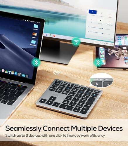 Nulea Wireless Number Pad Bluetooth 5.0 & 2.4G Portable Numeric Keyboard, USB-C Rechargeable, 34-Keys Bluetooth Keyboard for Data Entry, Compatible for Laptop, Mac, iMac, Tablet, PC Desktop | 34 Key Numeric Keypad with USB-C Charging, Portable Slim Design