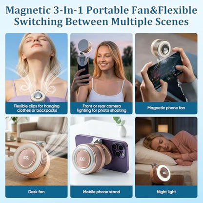 hepanio Clip On Fan,Small Fan Clip on for Shirt & Waist 3 in 1 Portable Silent Mini Bladeless Fan Magnetic Phone Fan Magsafe Compatible with Fill Light,Clip & Desktop Dual Use,360° Clip On Fan - color: Pink