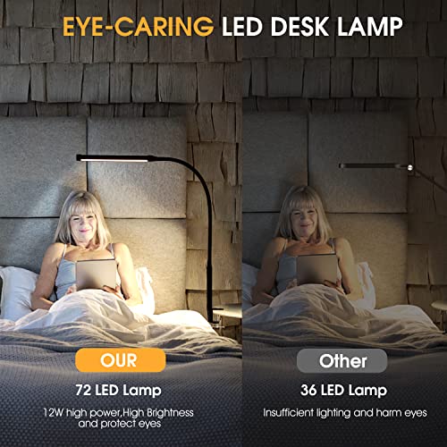 Voncerus LED Desk Lamp with Clamp, Eye-Caring Clip on Lights for Home Office, 3 Modes 10 Brightness, Long Flexible Goose-Neck, Metal, Swing Arm Architect Task Table Lamps with USB Adapter, White - color: S1 White and Silver