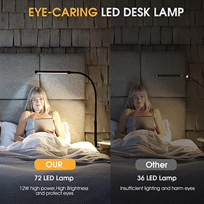 Voncerus LED Desk Lamp with Clamp, Eye-Caring Clip on Lights for Home Office, 3 Modes 10 Brightness, Long Flexible Goose-Neck, Metal, Swing Arm Architect Task Table Lamps with USB Adapter, White - color: S1 White and Silver