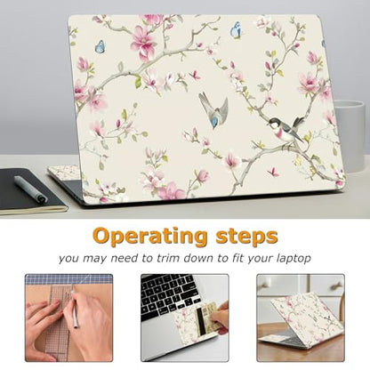 Universal Laptop Skin Sticker with 2 Wrist Pad Decals, 3-Piece Removable Vinyl Laptop Cover, Birds Pink Flowers Waterproof Anti-Scratch, Easy-Trim Fit for 13.3" 14" 15.6" Laptops - color: Birds Pink Flowers